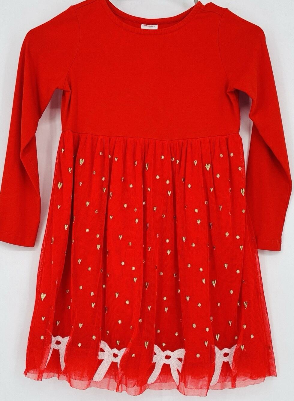 Hanna Andersson Sz 6-7 Red LS Valentine’s Gold Heart Wht Bows 2 layers Net Lined